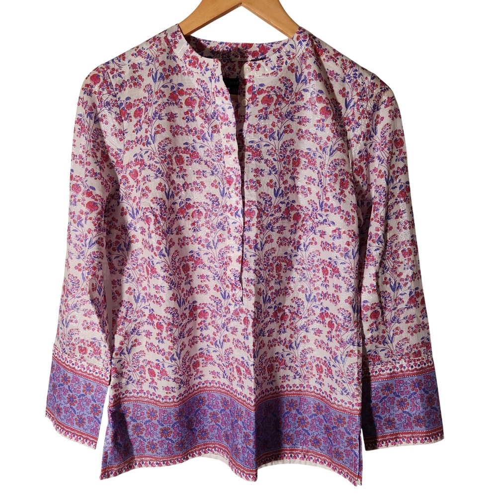 J. Crew Block Print Popover Tunic XS Pink Floral Metallic NWT